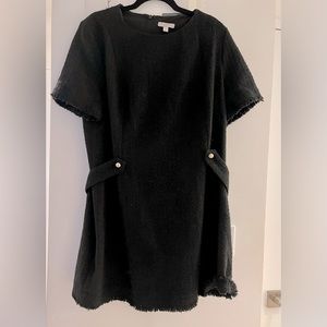 Black bouclé dress with belt and gold buttons